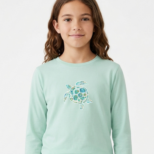 Turtle Green Kids long Sleeve Tshirt – 100% Cotton - Watercolour sea turtle Illustration Graphic tee