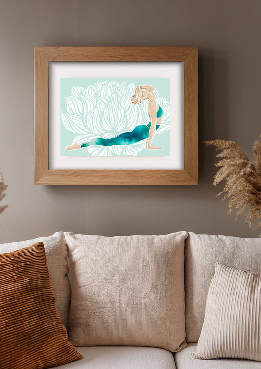 Yoga Art Print Upward Dog  | Urdhva Mukha Śvānāsana Hand-Drawn Illustration with lotus