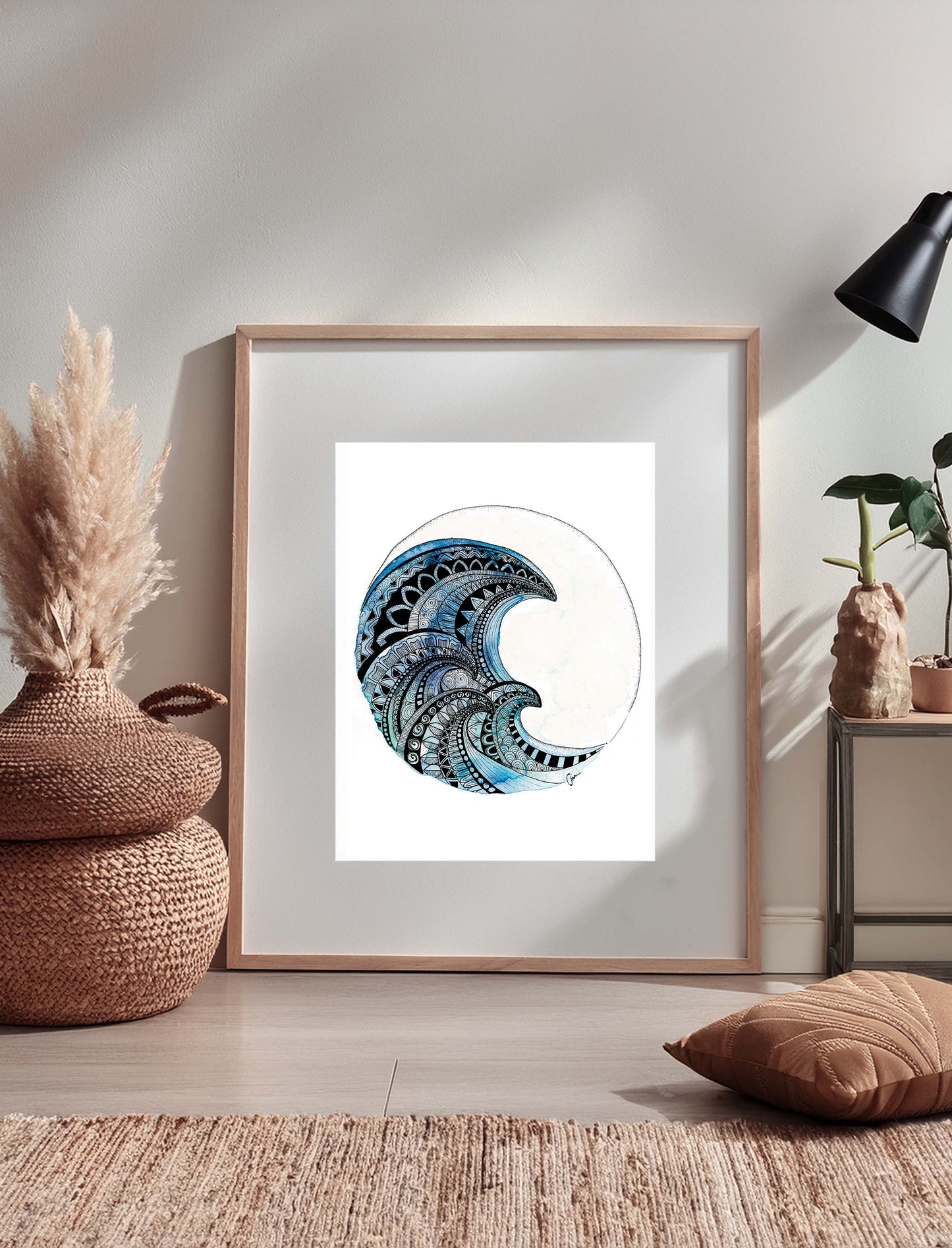 Mandala Wave Art Print – Hand-Painted surf Watercolour & Geometric Ink Illustration