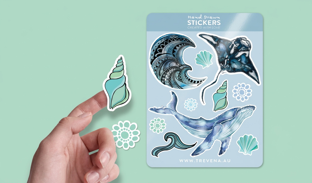 Whale Sticker Sheet – Manta Ray & Wave Watercolour Illustrations