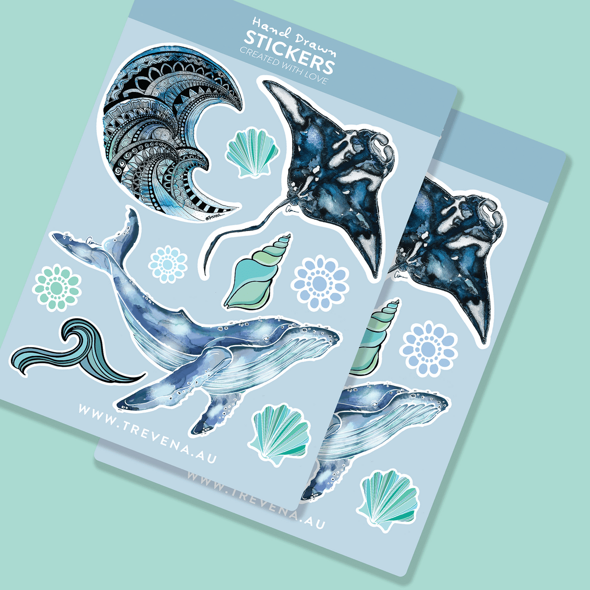 Whale Sticker Sheet – Manta Ray & Wave Watercolour Illustrations