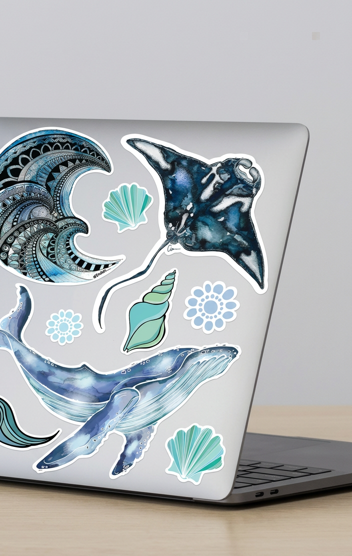 Whale Sticker Sheet – Manta Ray & Wave Watercolour Illustrations