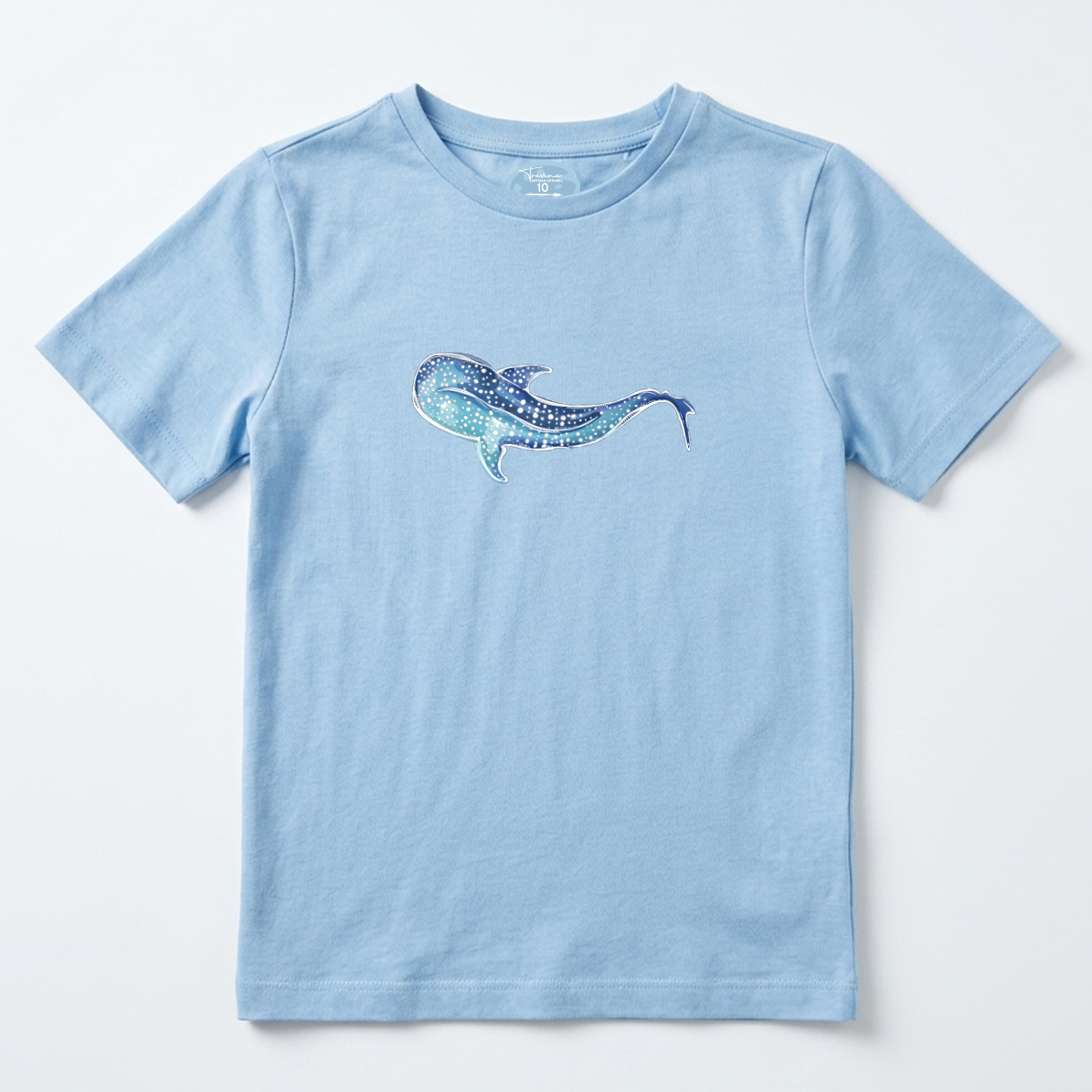 Blue Whale Shark Kids Tee – 100% Cotton - Watercolour Whale Shark Illustration Graphic t-shirt – side view