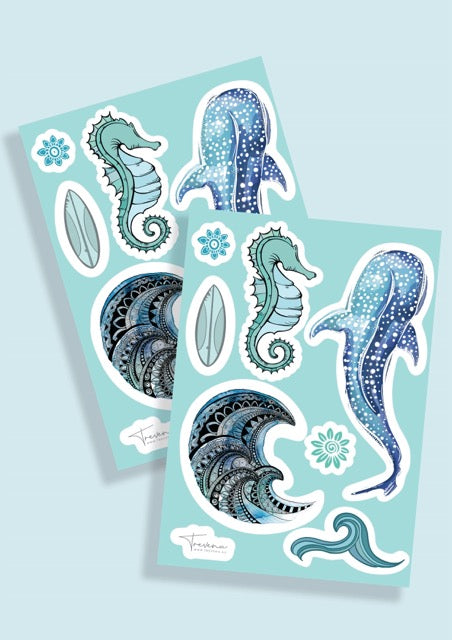 Whale Shark Sticker Sheet – Ocean & Wave Watercolour Illustrations