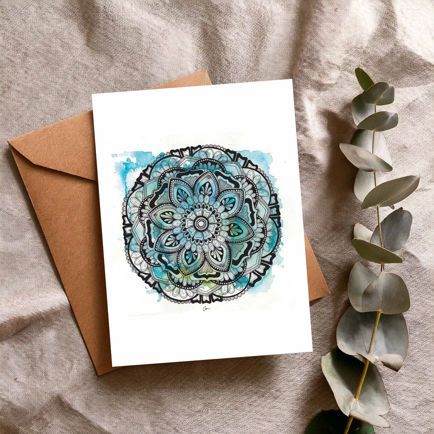 Blue / Green Mandala Greeting Card – Winter Watercolour with Geometric Drawing