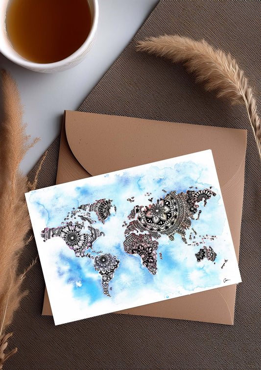 Wanderlust Greeting Card – Pastel World Map Watercolour Free Spirit Art Gift Card