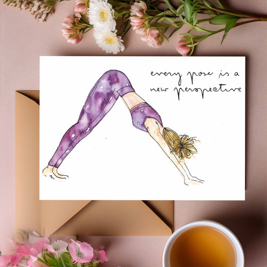 Downward Dog Greeting Card – Adho Mukha Svanasana -Yoga Girl Watercolour Illustration with quote